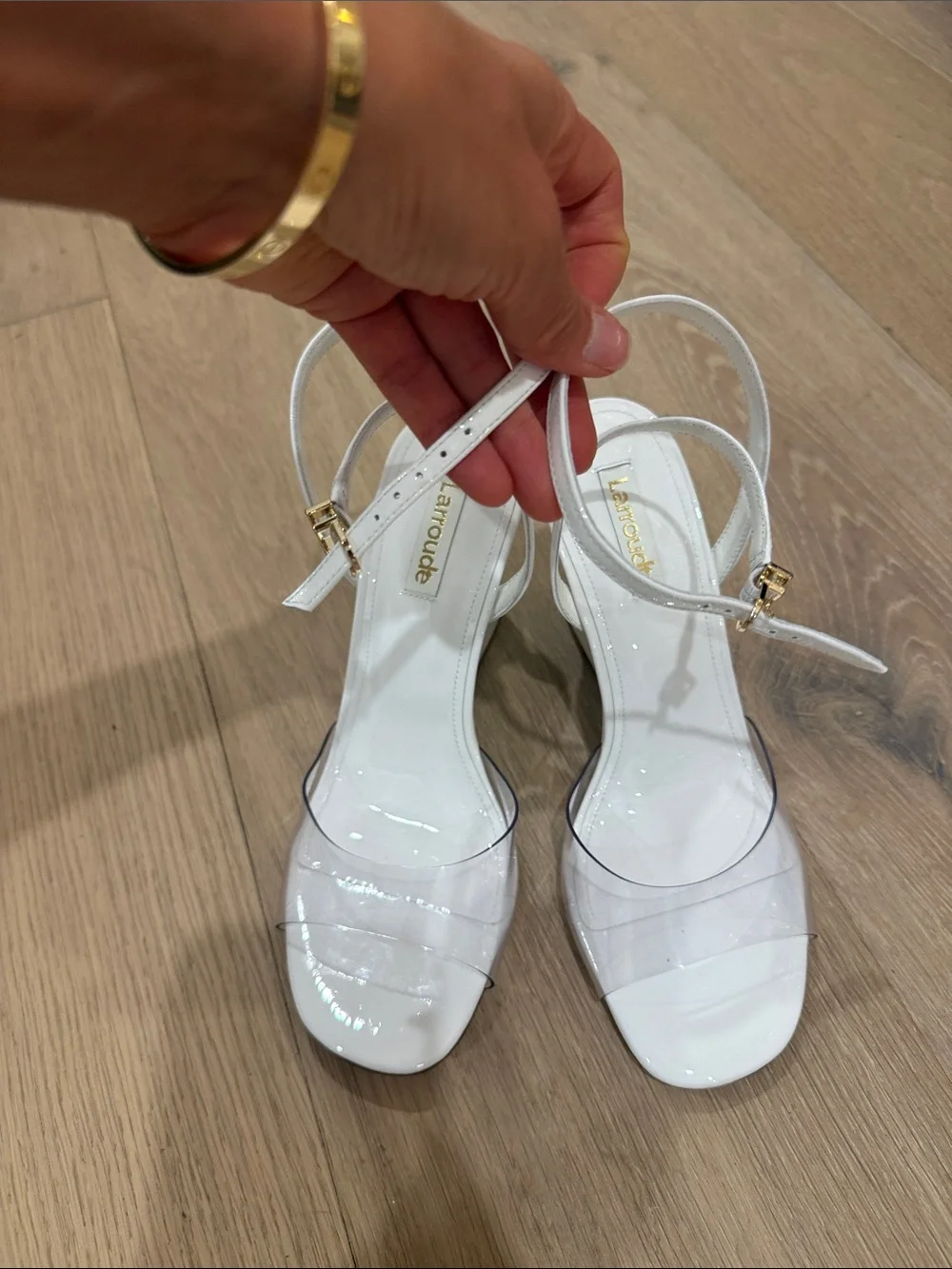 Larroude White PVS Yves pattern leather wedges